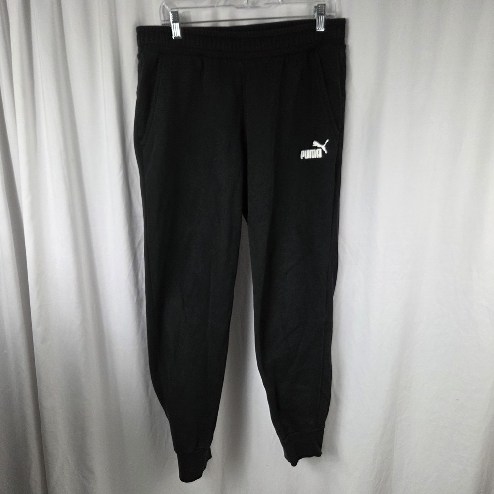 Puma Mens Size Large Drawstring Pull-on Fleece Joggers Black White Logo